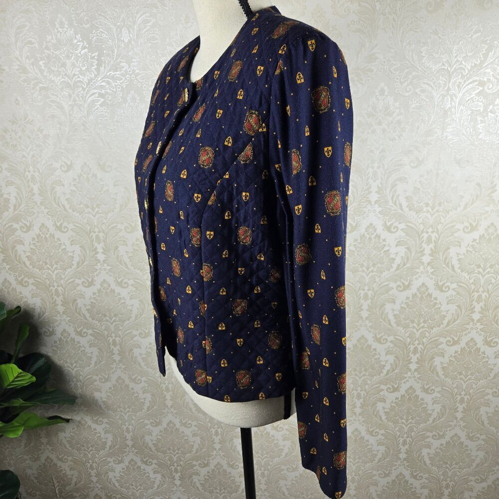 Maggy London Size 12 Navy Blue Quilted Jacket Button Front Crest Fleur De Lis — image 6 of 8